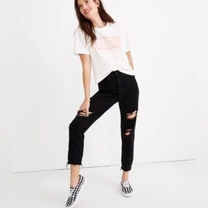 Madewell The Mom Jean Black Distressed Raw Hem Jeans, 28
